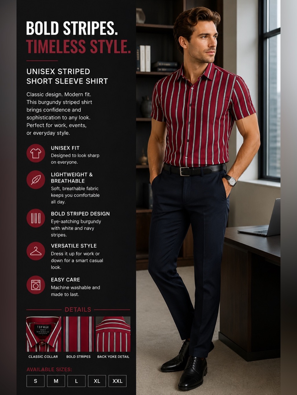 Topman Burgundy Striped Short Sleeve Shirt with White & Navy Stripes NWOT